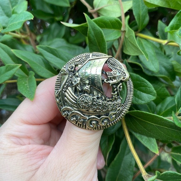 Vintage Viking Inspired Brooch, Engraved Detailing, Gold  Tone, Water Dragon - Picture 3 of 4